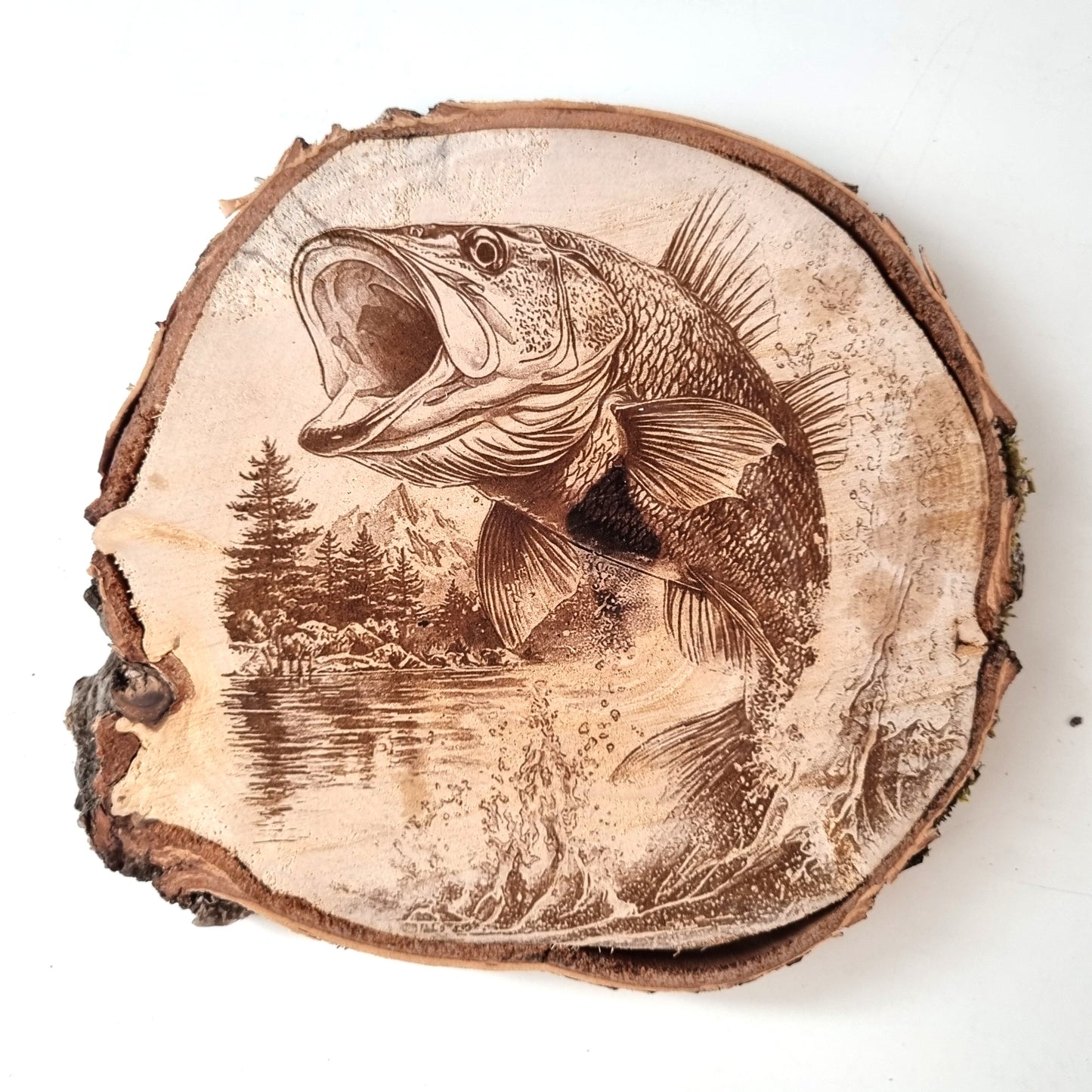Rustikale Baumscheibe graviert mit Fisch-Motiven