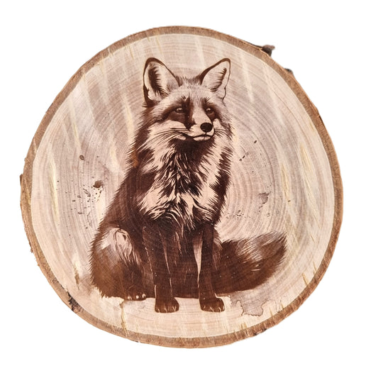 Rustikale Baumscheibe graviert mit Fuchs-Motiv